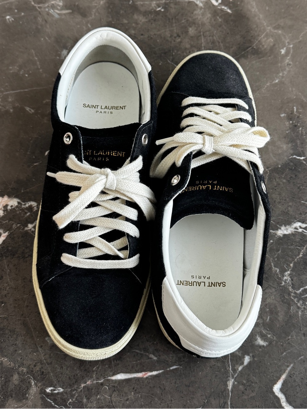 Saint Laurent Black and White Court Sneakers - Distressed suede